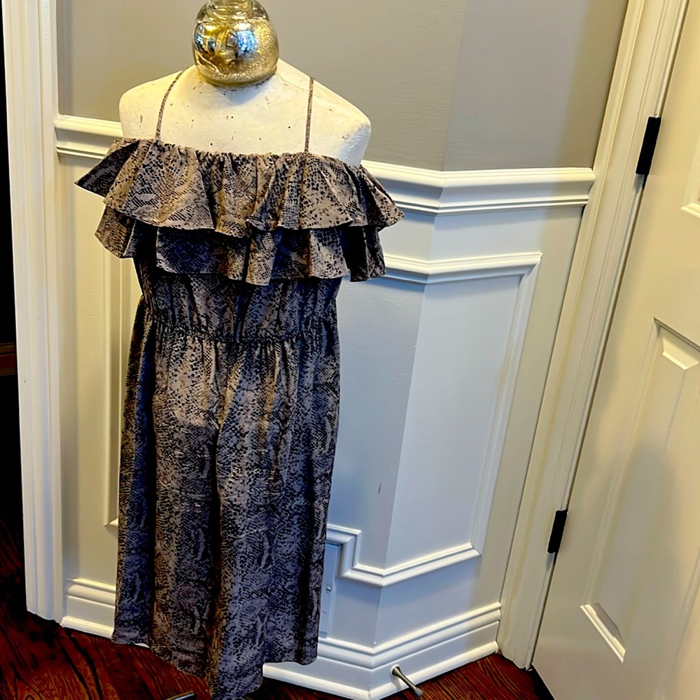 Rebecca Taylor Dress 12 Womens Ruffled Off Shoulder 100% Silk Reptile Print